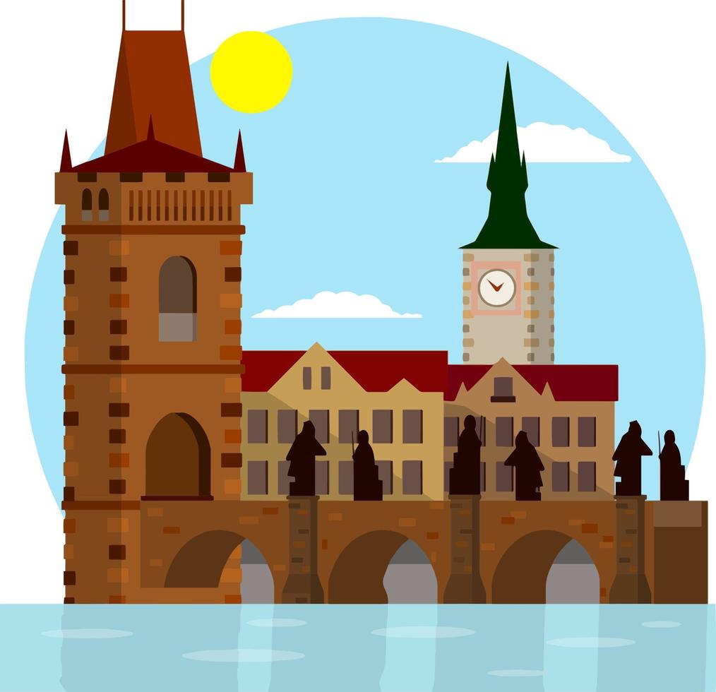 King Charles bridge. medieval landmark of Prague with statues. Crossing the river. Element of center of the urban landscape. Czech culture. place for tourism and travel. Cartoon flat illustration vector