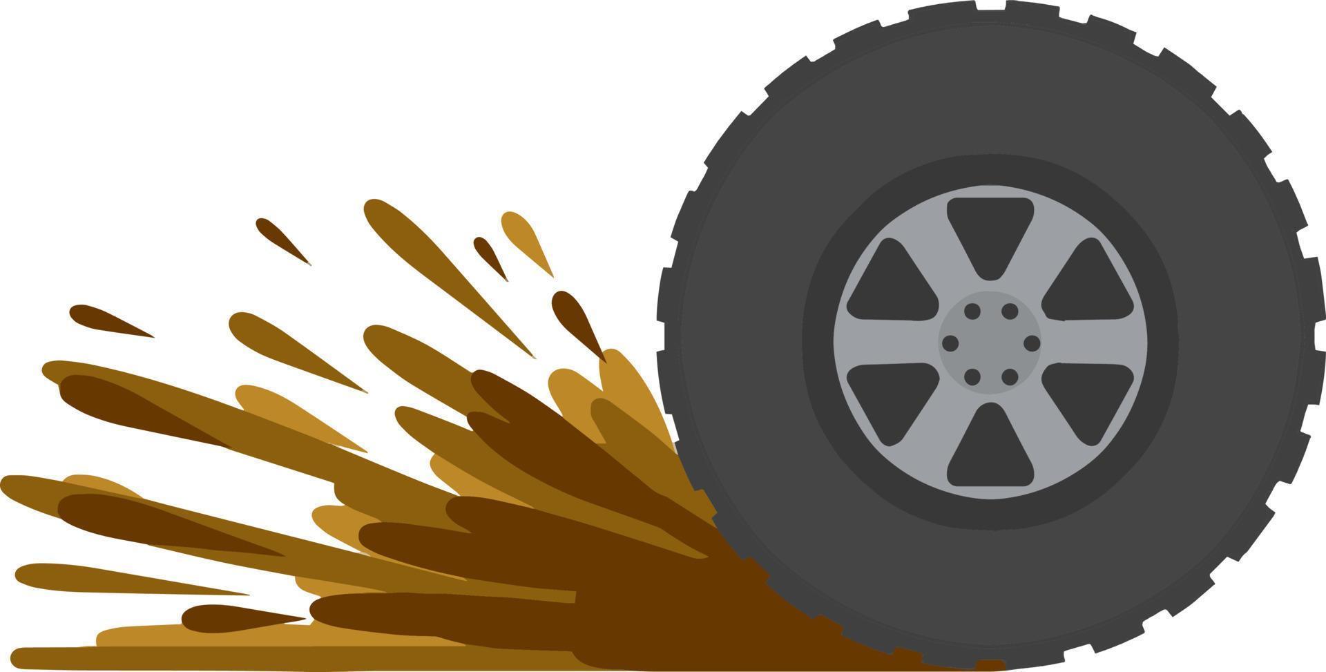 Dirty wheel of truck. Off-road driving. Ground on tire. Car wash symbol. Garbage and dirt. Cartoon flat illustration vector