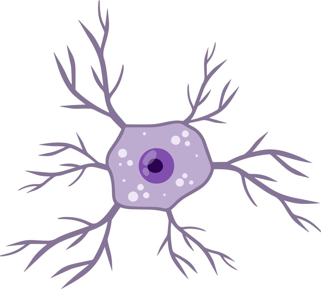 célula neuronal azul. actividad cerebral y dendritas. membrana y el núcleo. ilustración científica de dibujos animados. microbiología y mente vector