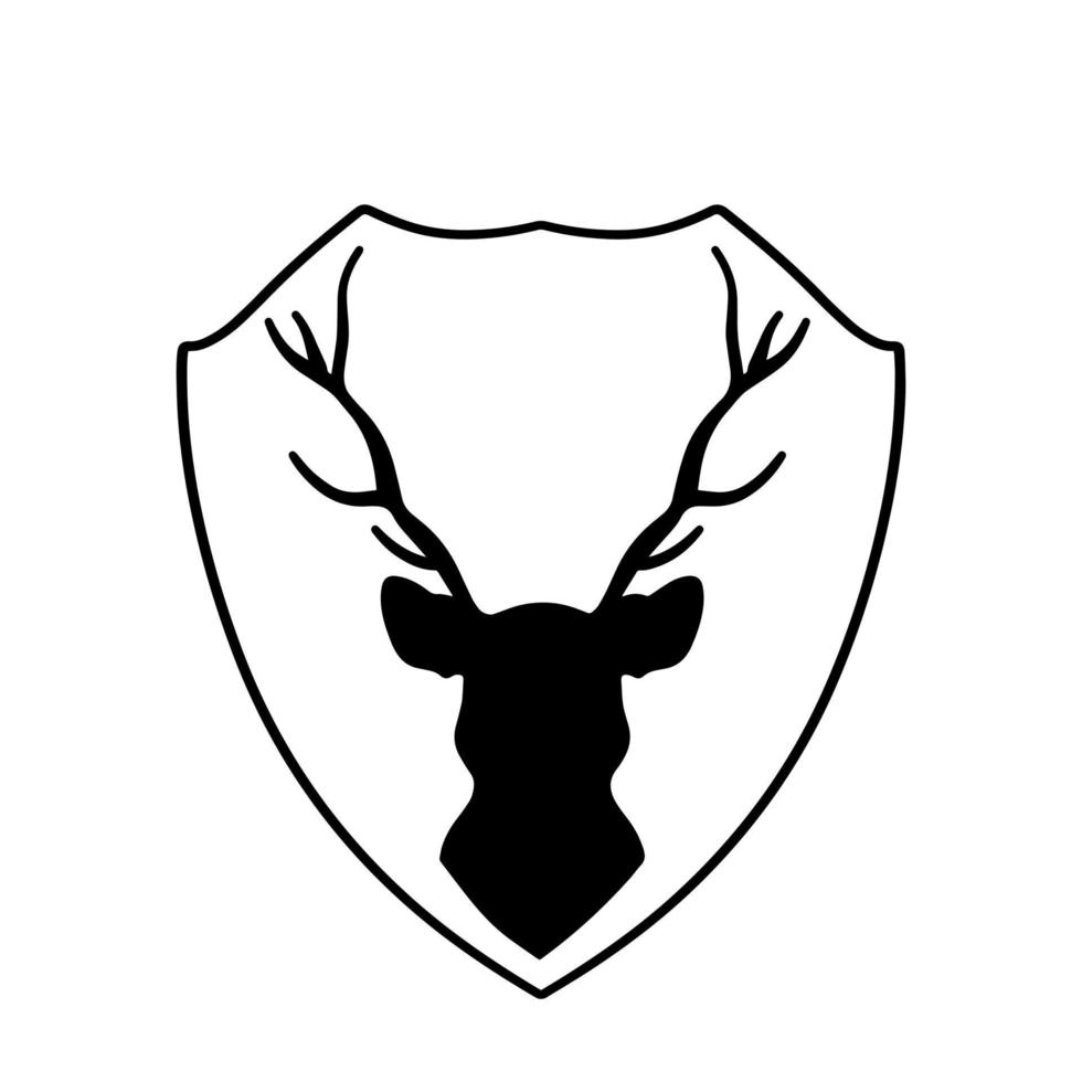 Head of deer on shield. Knight coat of arms with stag. Black silhouette of horned animal. Heraldic symbol vector