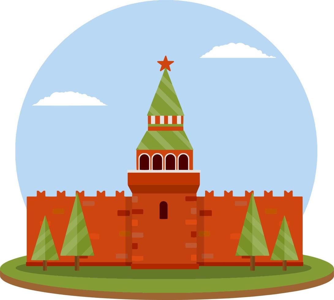 Moscow kremlin. Tourist destination for tour to capital. Fortress with tower and wall. Tourist attraction. Cartoon flat illustration. Summer season. Residence of Russian. President on red square vector