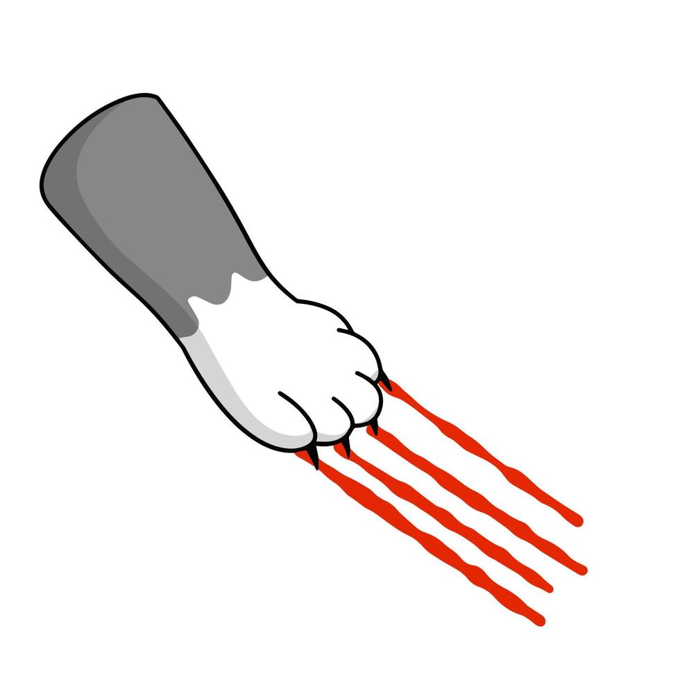 Cat foot. Scratch with blood trail. Aggression and injuries. Evil behavior of pet. Cartoon flat illustration vector