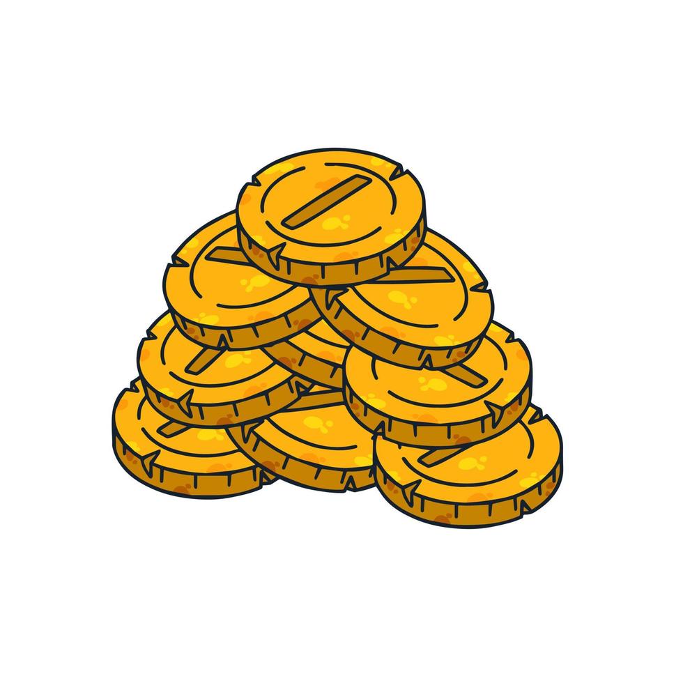 PIle of gold coins. Outline cartoon Icon of money and treasure. Concept of earnings and wealth vector