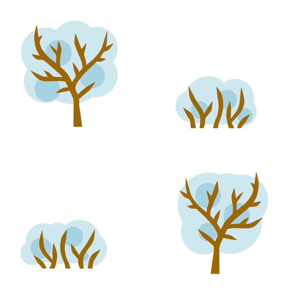 Set of winter trees. Cold Northern weather. Cartoon flat illustration. White snow on the branches. Element of forests, parks, nature vector