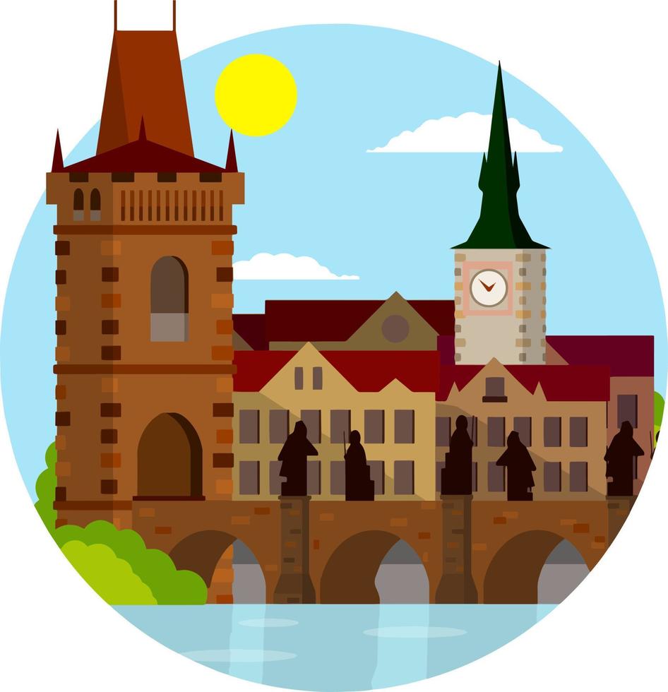 puente rey carlos. hito medieval de praga con estatuas. cruzando el río. elemento de centro del paisaje urbano. cultura checa. lugar para el turismo y los viajes. ilustración plana de dibujos animados vector