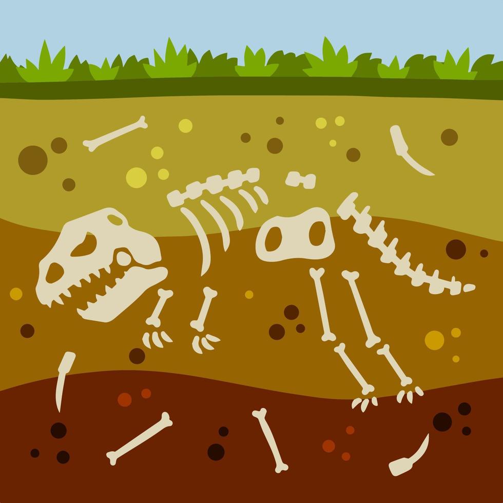 Dinosaur skeleton. Bones of a prehistoric lizard. Land in the section. Soil with layers. Historical find and archaeological excavations. Flat cartoon landscape vector