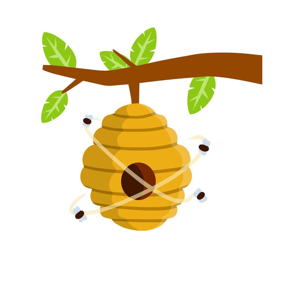 Hive. Yellow beehive. House of wasp and insect on tree. Element of nature and forests. Honey production. Branch with leaves. Flat cartoon illustration vector