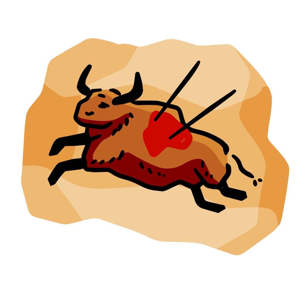 Rock art. Scene of bull hunt. Primitive life. Animal wounded by spear or arrow. Sketch cartoon illustration. Drawing in a cave vector