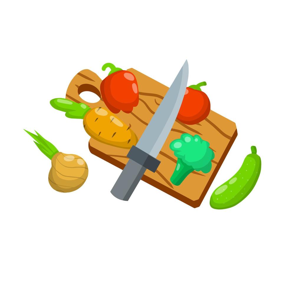 tabla de cortar utensilios de cocina de madera. cocinar alimentos y verduras. tomate, cebolla, pepino y pimiento. ensalada de verduras ilustración plana de dibujos animados aislado en blanco vector