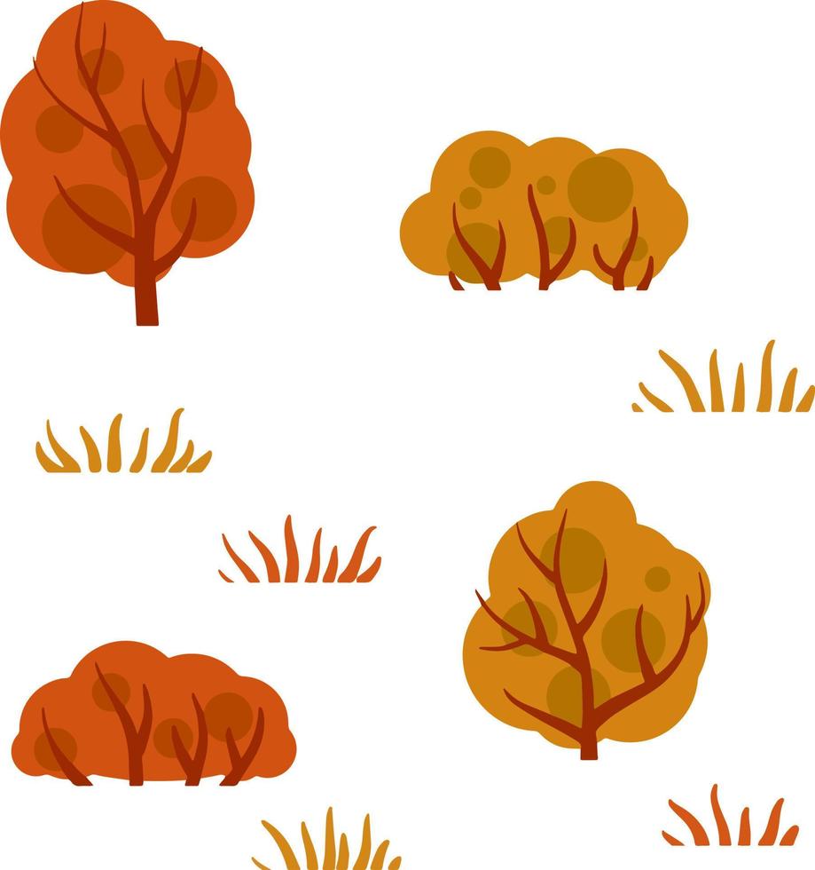 bosque de otoño. árboles con hojas rojas y naranjas. arbustos y ramas sobre un fondo blanco. conjunto de elementos de la naturaleza, parque y bosque. ilustración plana de dibujos animados vector