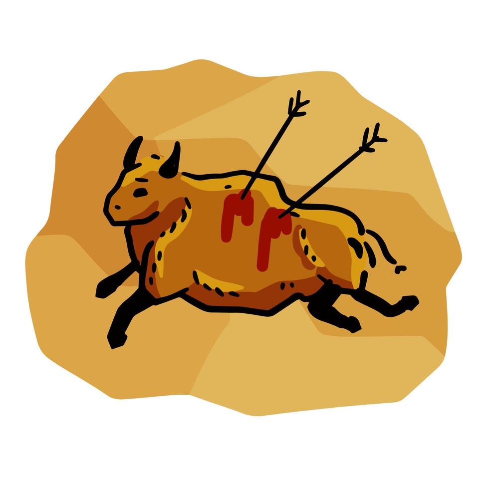 Rock art. Scene of bull hunt. Primitive life. Animal wounded by spear or arrow. Sketch cartoon illustration. Drawing in a cave vector