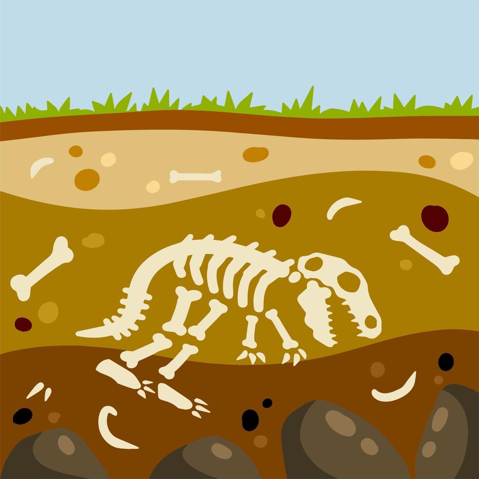 esqueleto de dinosaurio huesos de un lagarto prehistórico. tierra en la sección. suelo con capas. hallazgo histórico y excavaciones arqueológicas. paisaje plano de dibujos animados vector