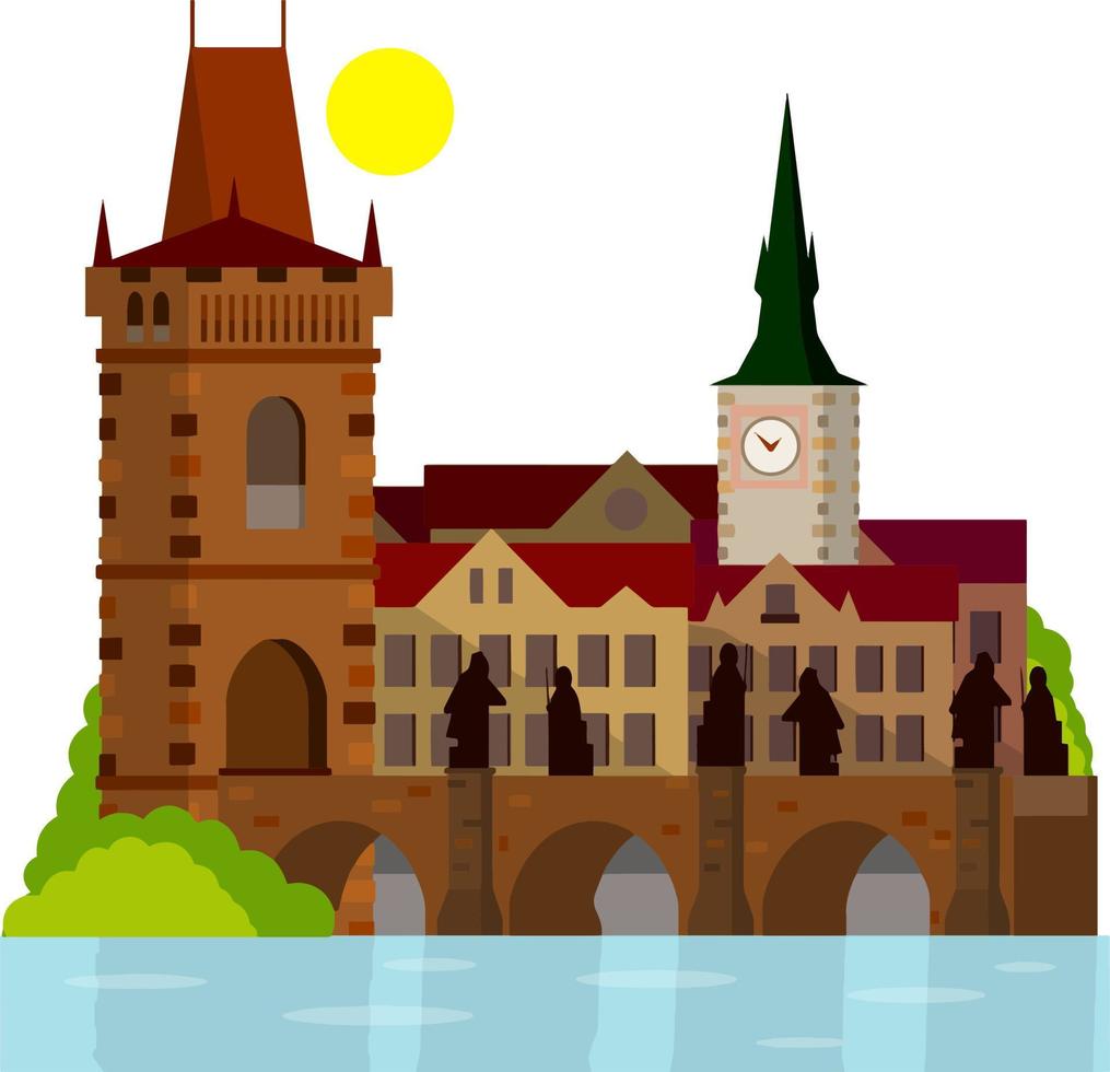 puente rey carlos. hito medieval de praga con estatuas. cruzando el río. elemento de centro del paisaje urbano. cultura checa. lugar para el turismo y los viajes. ilustración plana de dibujos animados vector