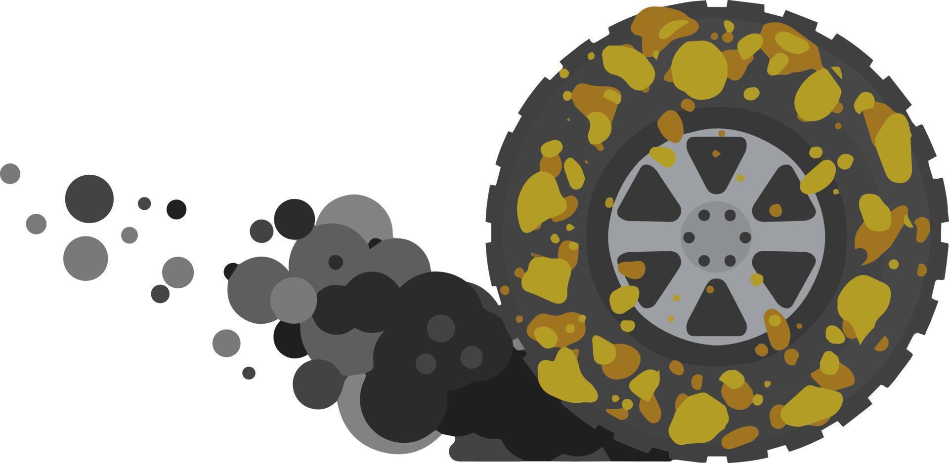 Dirty wheel of truck. Off-road driving. Ground on tire. Car wash symbol. Garbage and dirt. Cartoon flat illustration vector