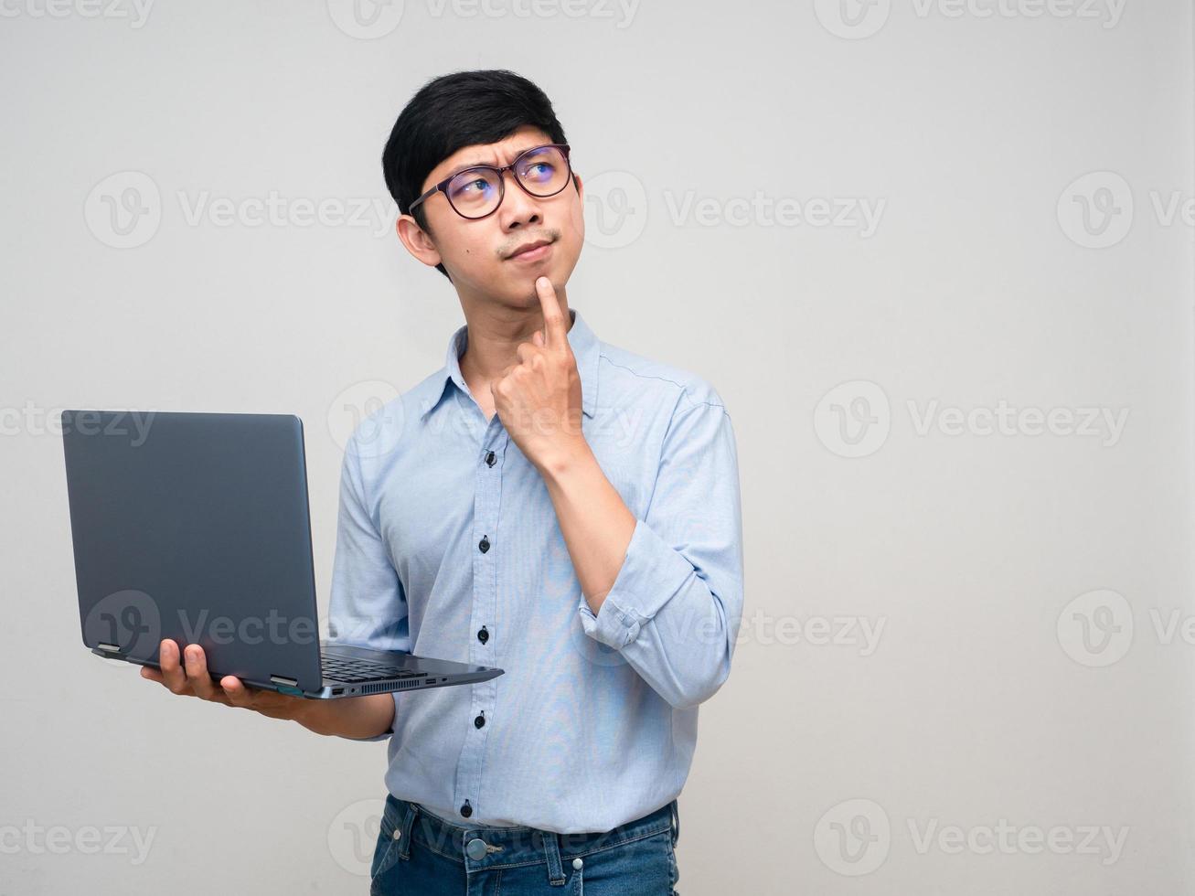 Asian businessman hold laptop gesture hesitate thinking about working photo