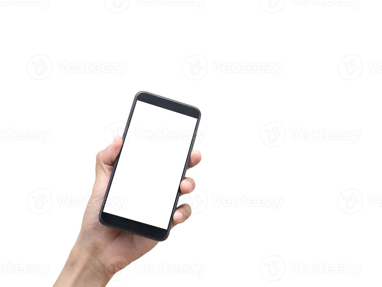 Man hand holding smartphone isolated,Male hand show cellphone white screen photo