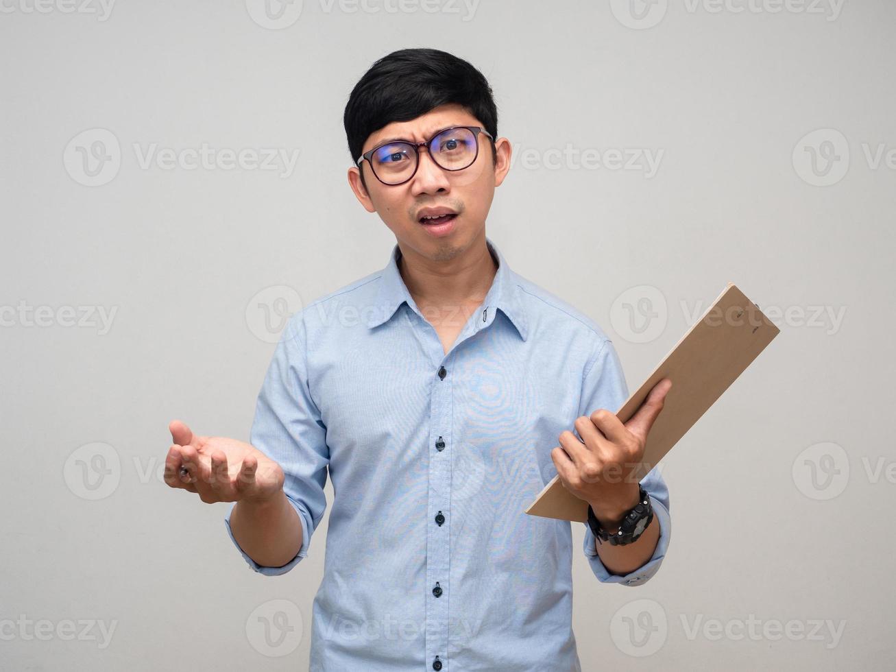 Businessman hold document board feels serious and confused isolated photo