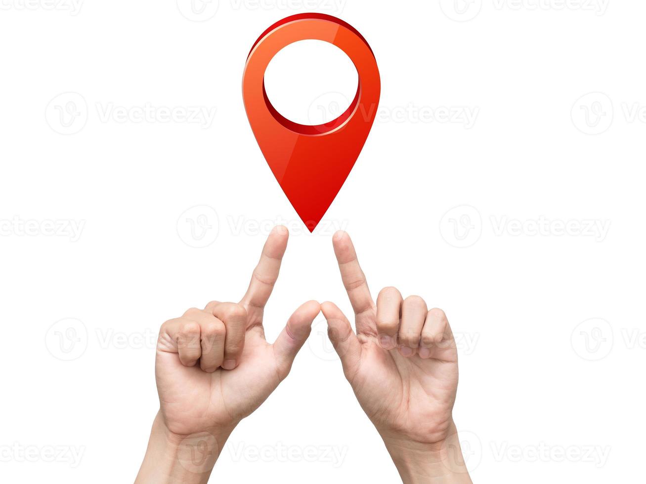 Man hand show arrow finger map position red isolated photo