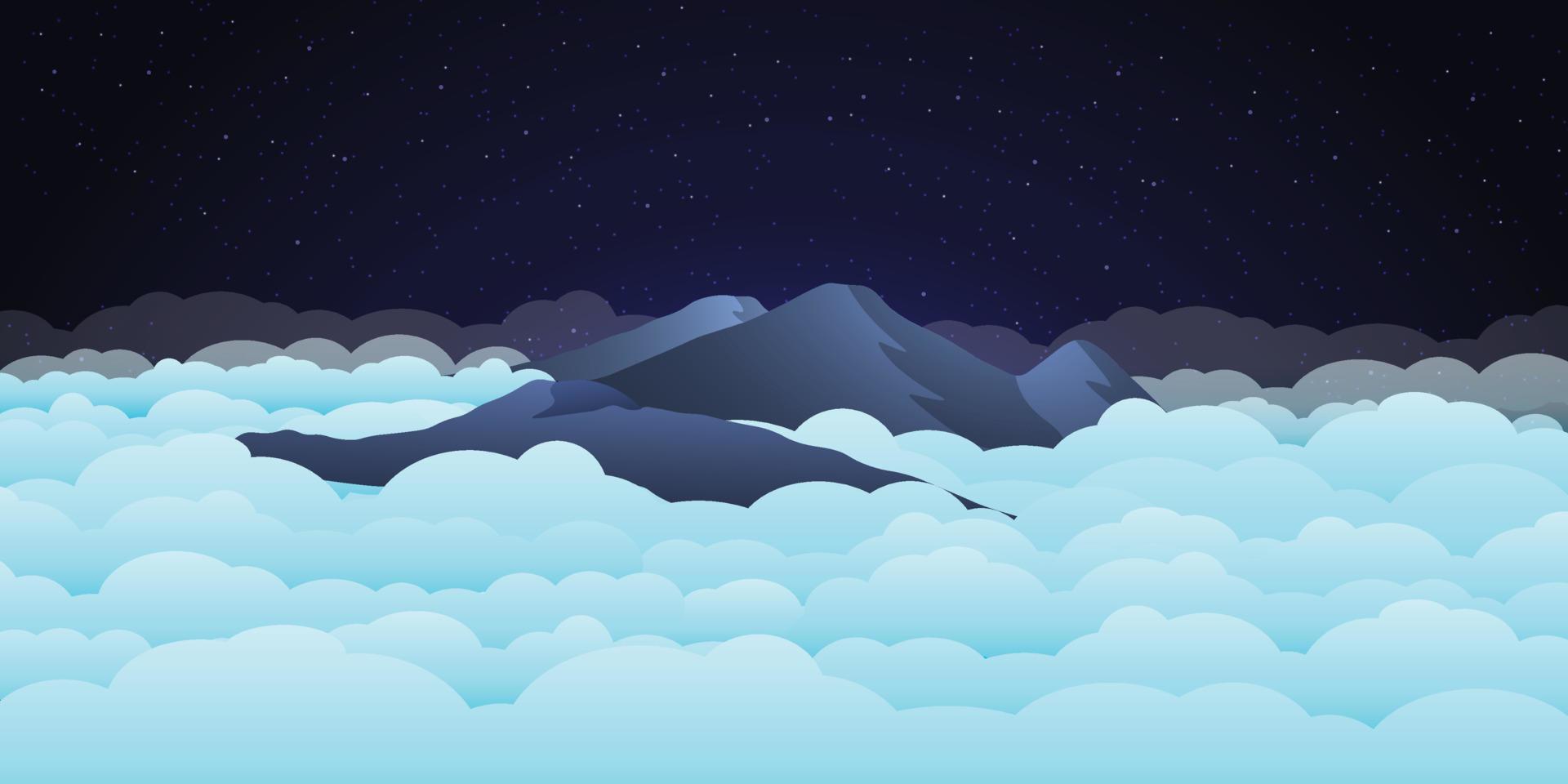 31. Ilustración de paisaje vectorial: noche hermosa y pacífica sobre las montañas Prau con un océano de nubes, utilícelo como fondo o papel tapiz. vector