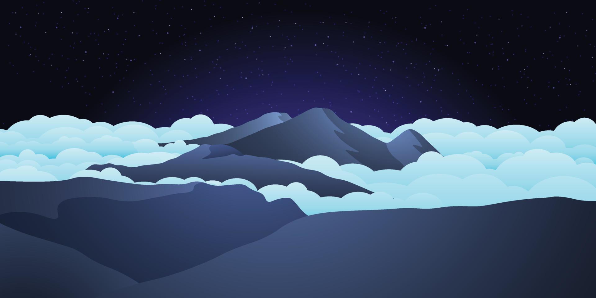 Vector landscape illustration - peaceful beautiful night over prau mountains with ocean of clouds, Use as background or wallpaper.