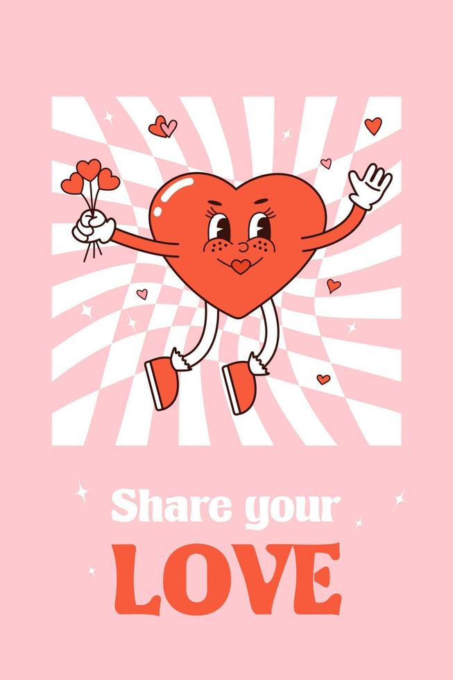 carteles de corazones encantadores maravillosos retro. concepto de amor feliz tarjeta de felicitación del día de san valentín en el moderno estilo de dibujos animados retro de los años 60 y 70. ilustración vectorial en colores rojo rosa. corazón maravilloso. tarjeta, postal, impresión vector