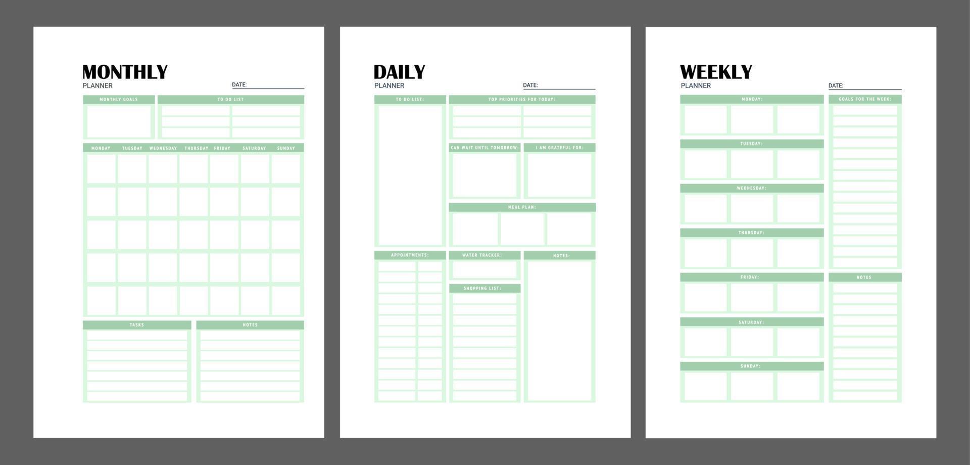 conjunto de planificadores minimalistas. plantilla de planificador diario, semanal y mensual. página de cuaderno blanco en blanco aislada en gris. página del organizador de negocios. página de cuaderno vertical imprimible en blanco vector