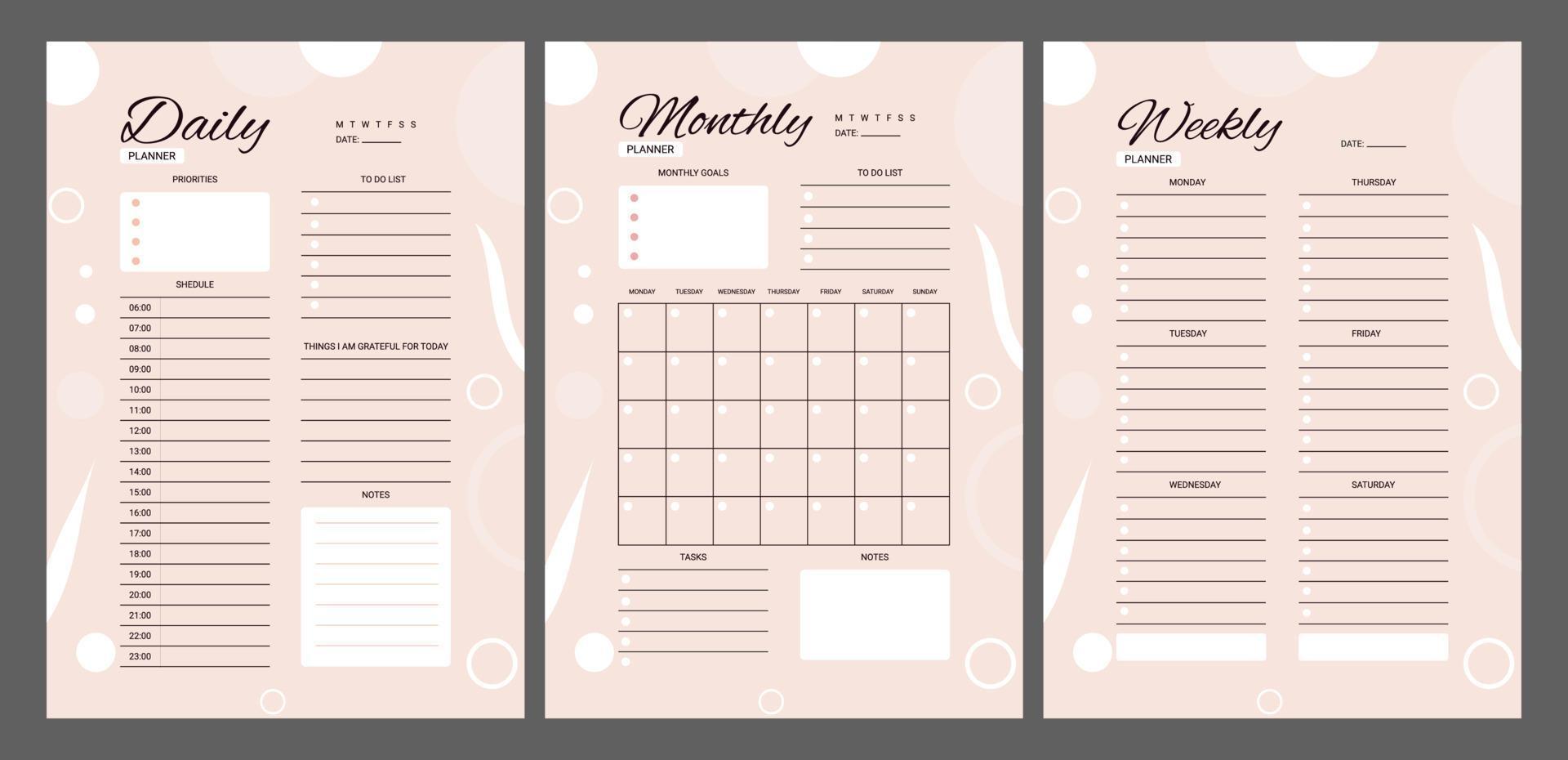 conjunto de planificadores minimalistas. plantilla de planificador diario, semanal y mensual. página de cuaderno blanco en blanco aislada en gris. página del organizador de negocios. página de cuaderno vertical imprimible en blanco vector