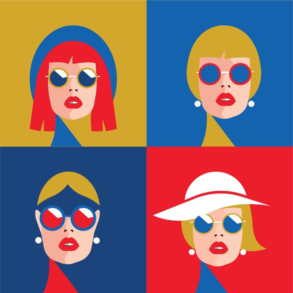 conjunto de retratos de moda de chicas modelo con gafas de sol. estampado de camiseta. estilo vintage vector