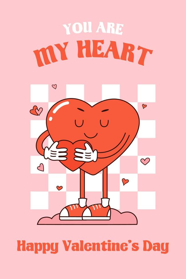 Retro groovy lovely hearts posters. Love concept. Happy Valentines day greeting card in trendy retro 60s 70s cartoon style. Vector illustration in pink red colors. Groovy heart. Card, postcard, prin