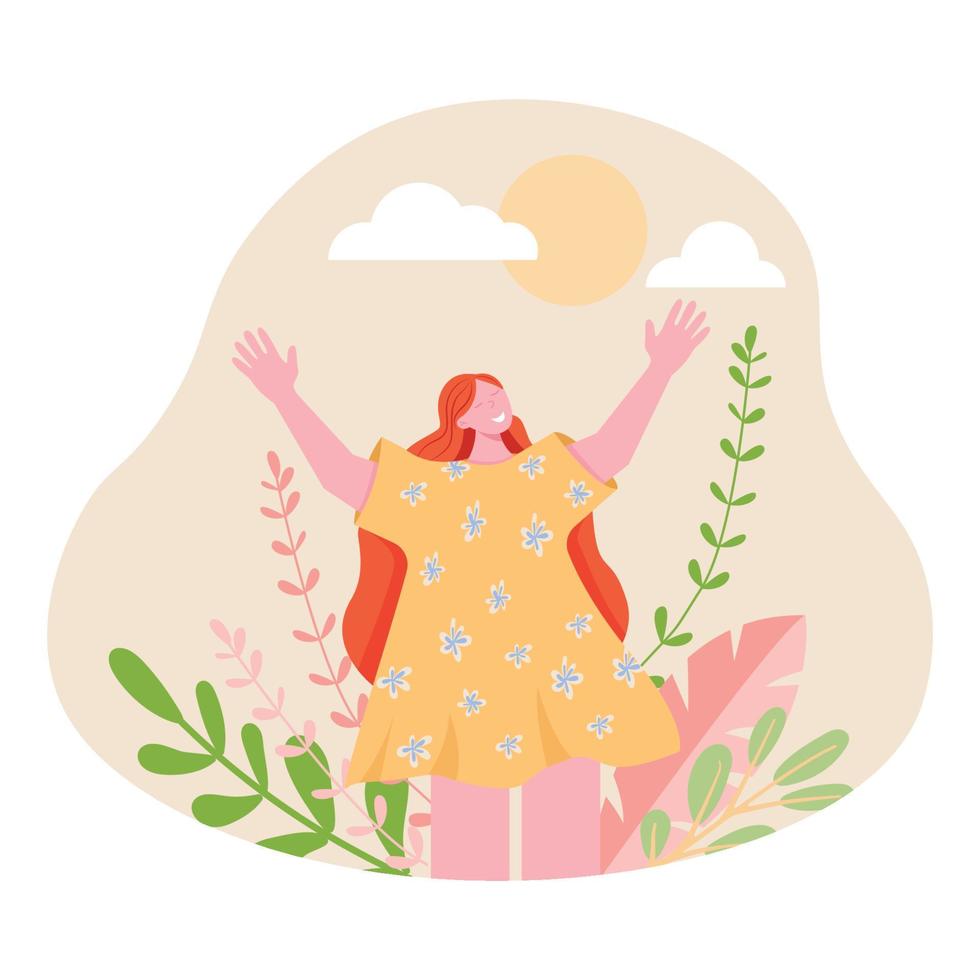 Happy friendly emotional woman hugging, welcoming. Open-minded excited positive female extrovert. Extraversion, openness, hospitality concept. Flat vector illustration isolated on white background
