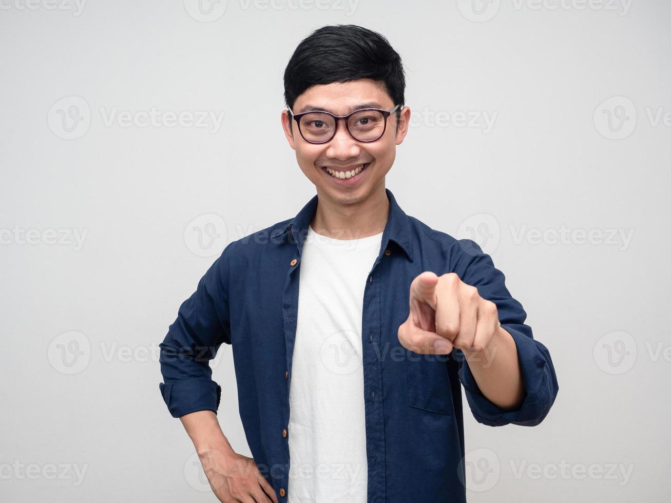 Positive man glasses happiness smile point finger choose you portrait photo