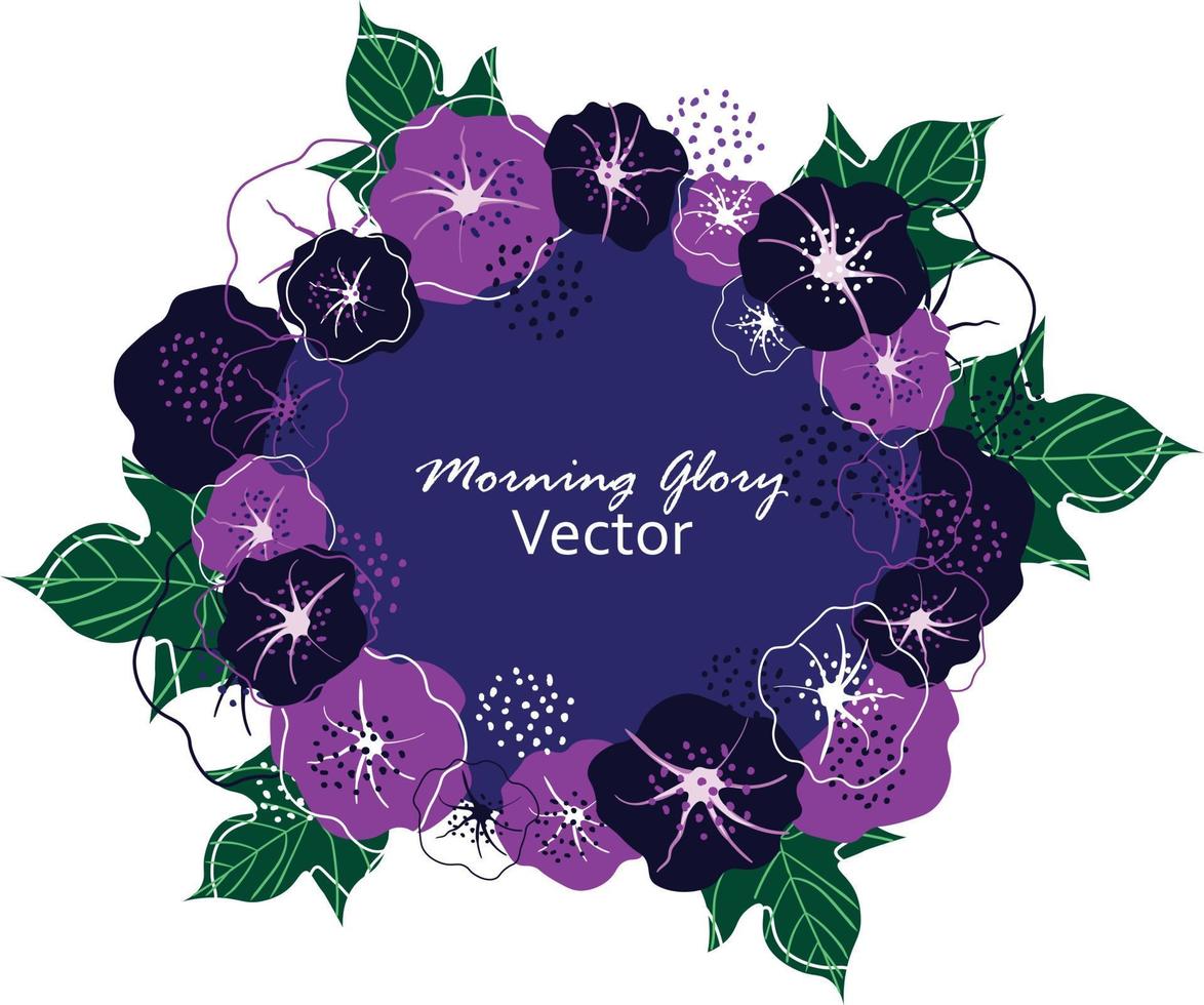 ilustración vectorial de flores de la gloria de la mañana con corona de marco de hojas vector