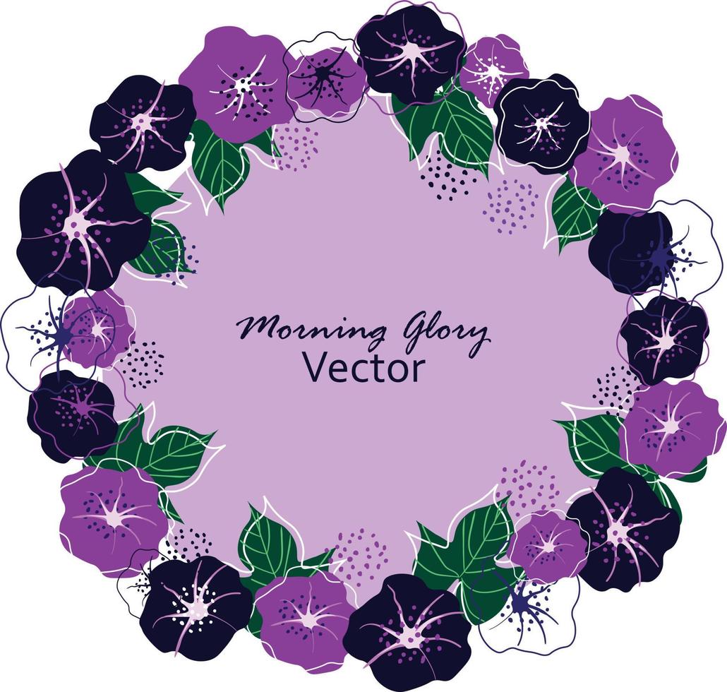 ilustración vectorial de flores de la gloria de la mañana con corona de marco de hojas vector