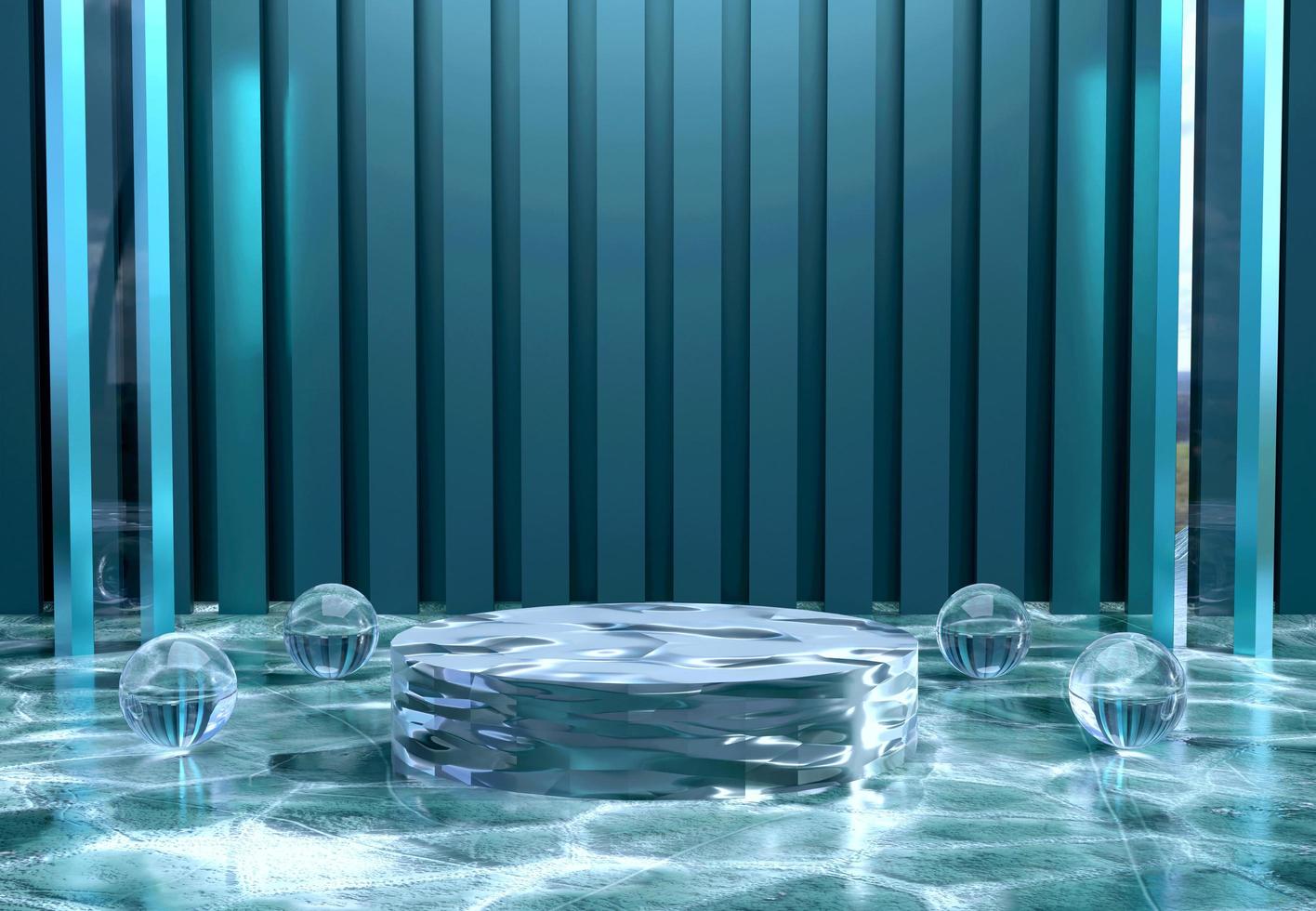 Blue podium with ice texture and abstract art objects. Stand to show products. Stage showcase with modern scene. Pedestal display with copy space. 3D rendering. photo