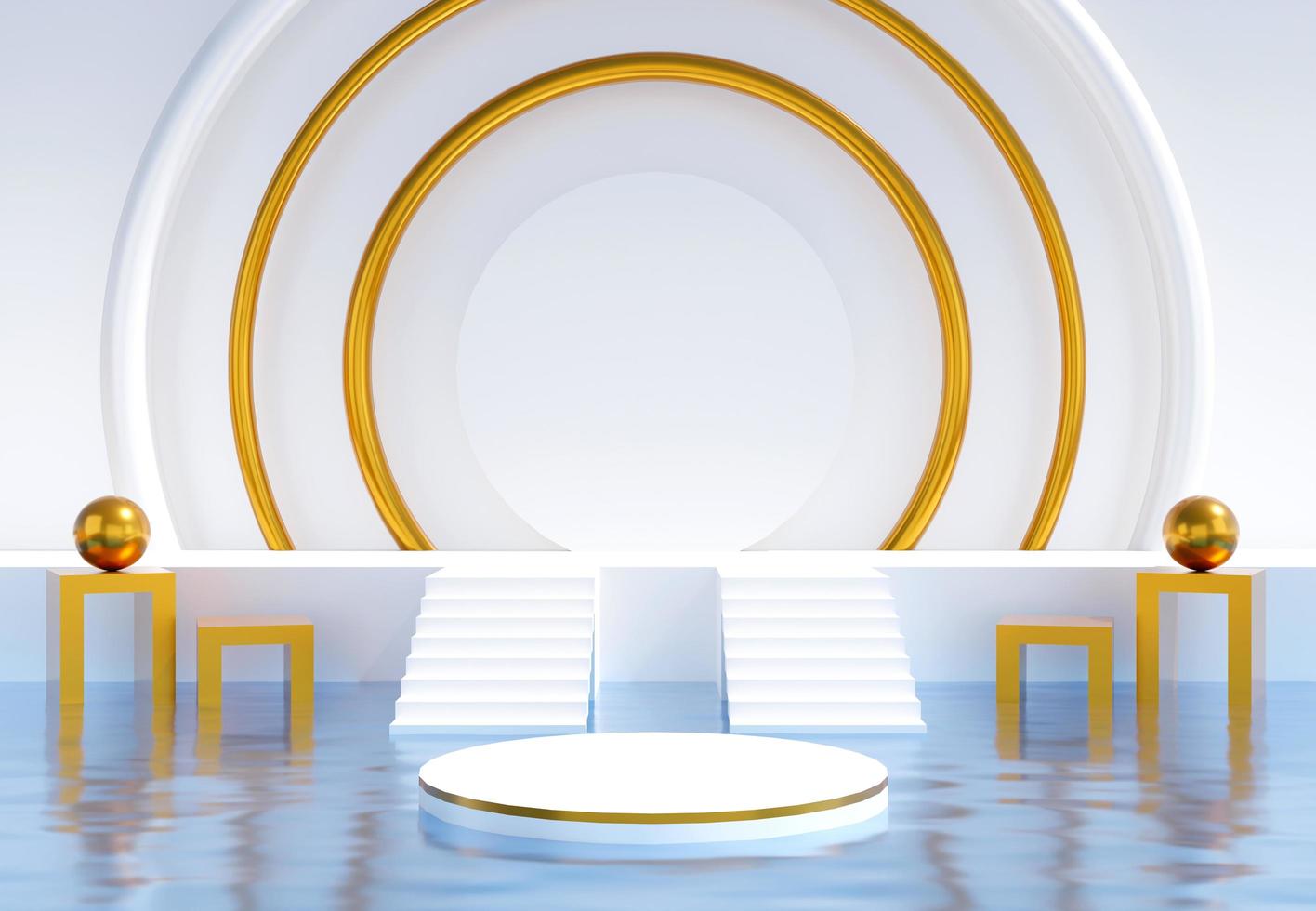 White podium background with decorative objects and golden rings ideal for poster, cover, branding wallpaper, banner, website, presentation. Classic and clean. 3d rendering. photo