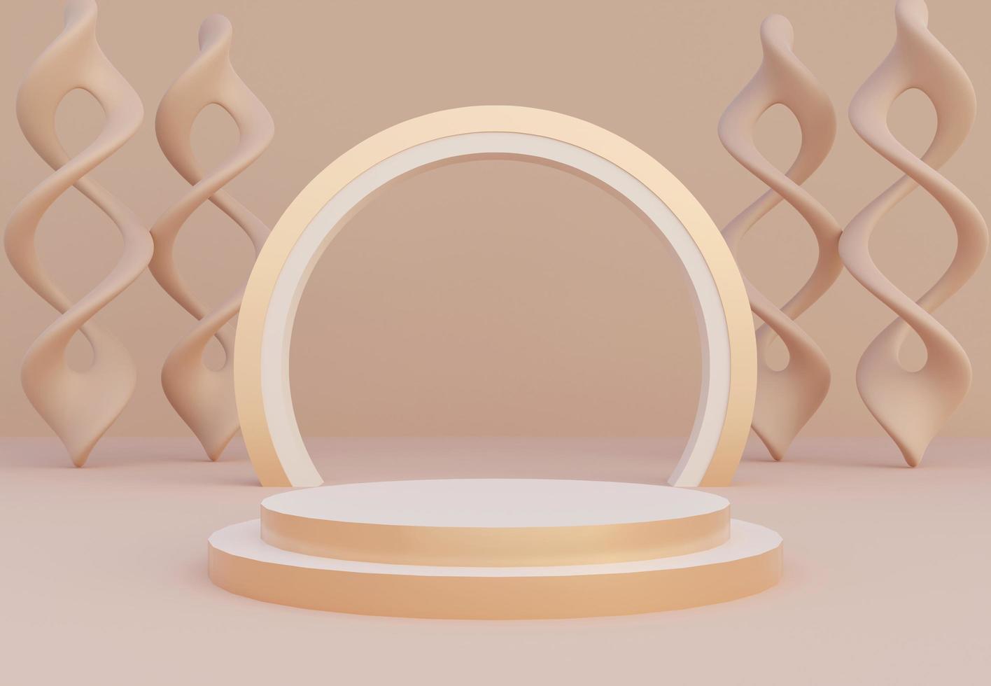 Beige podium with abstract art objects. Stand to show products. Stage showcase with modern scene. Pedestal display with copy space. 3D rendering. Studio platform template. photo