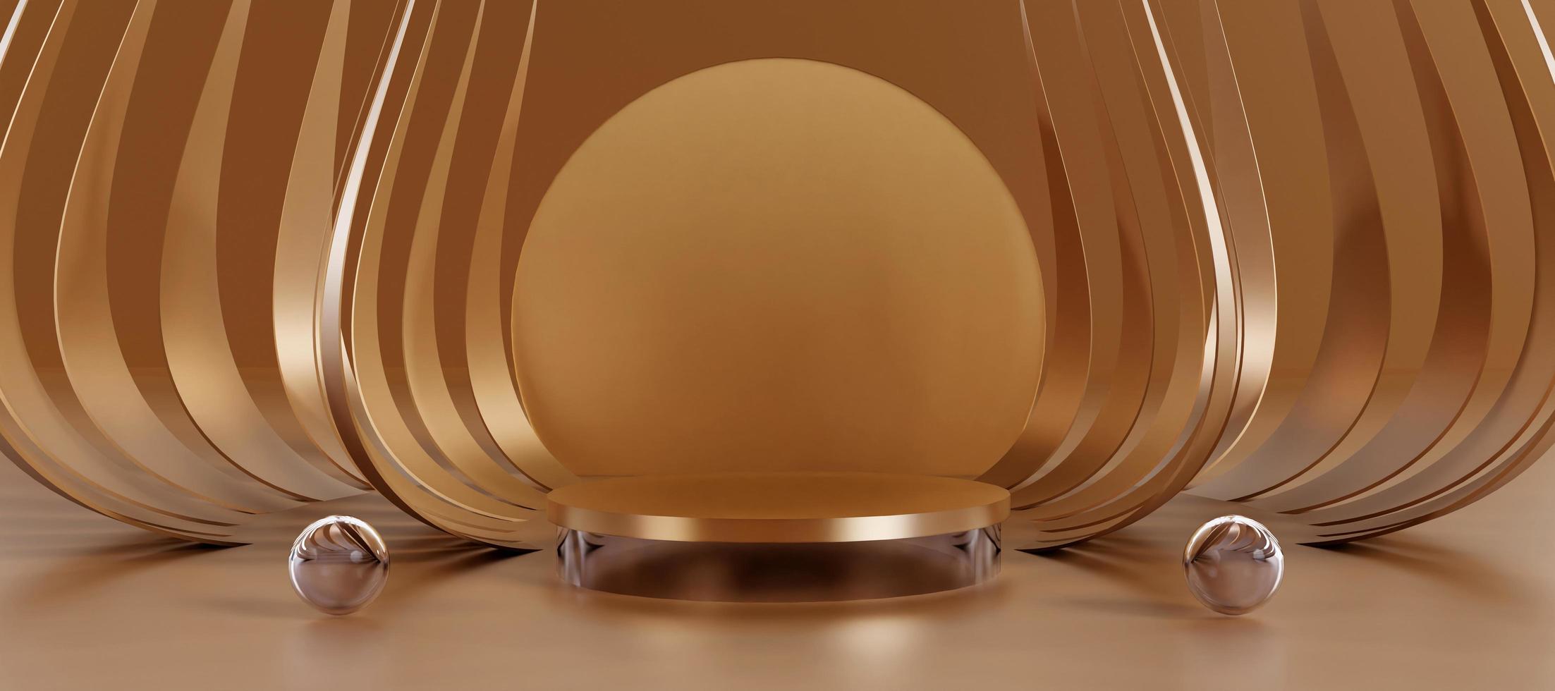 Bronze cylinder podium with decorative objects on luxury style background.  Stand to show products. Modern pedestal display with copy space. Banner size. Website cover template. 3D rendering. photo