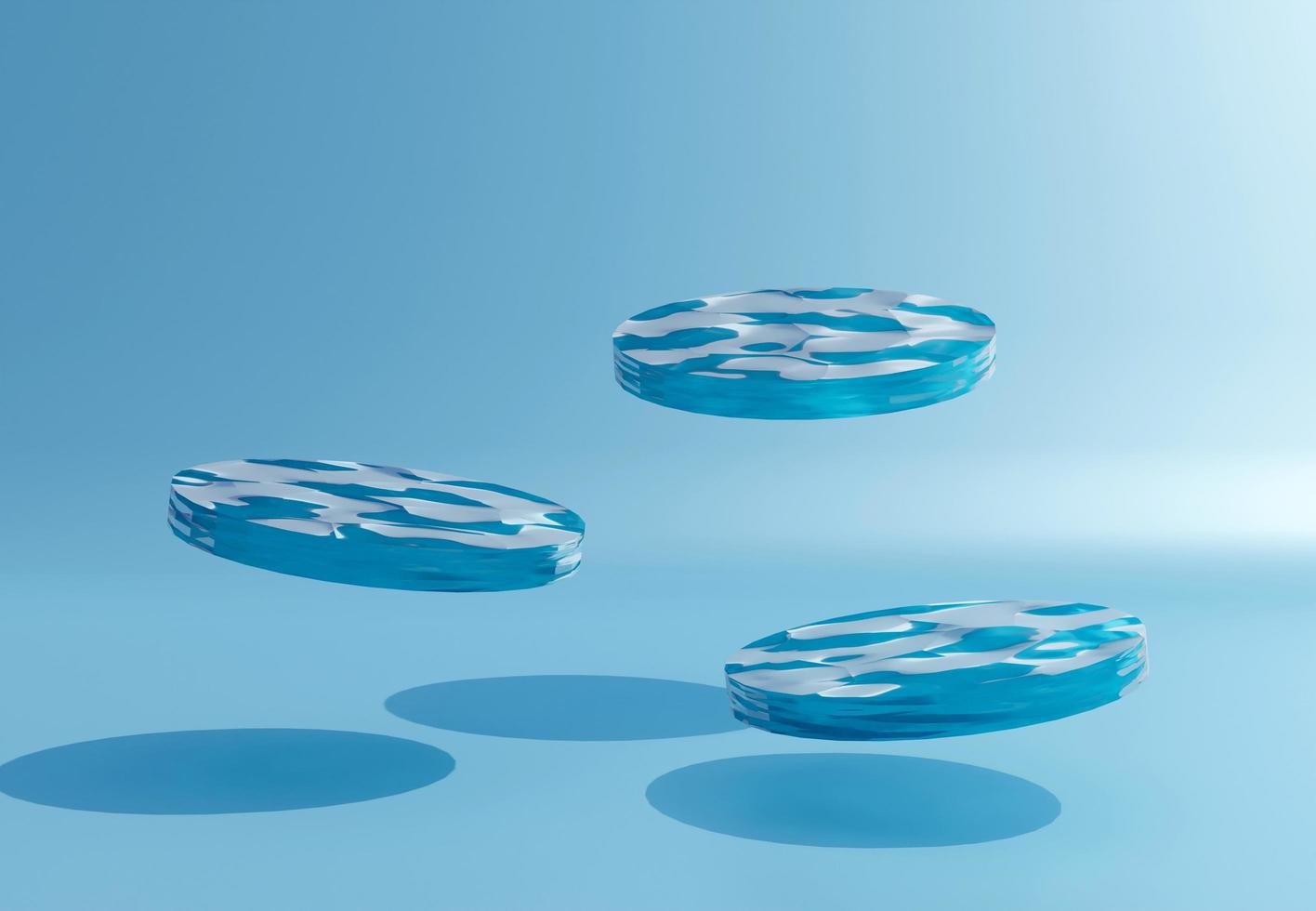 Three water surface cylinder podiums flying on light blue background. Water texture plates for product advertising. Clean and fresh concept. 3D Rendering. photo