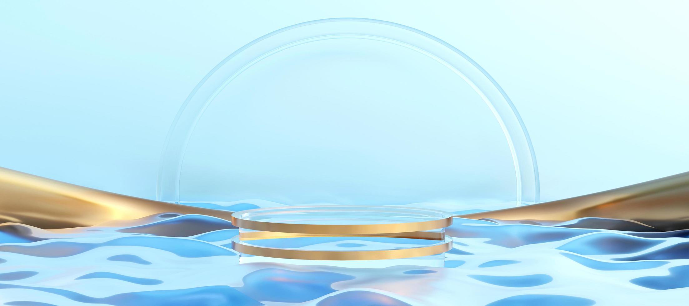 Transparent cylinder podium with water surface texture on blue background. Fresh and healthy concept. Pedestal with copy space. Banner size. Website cover template. 3D rendering. photo