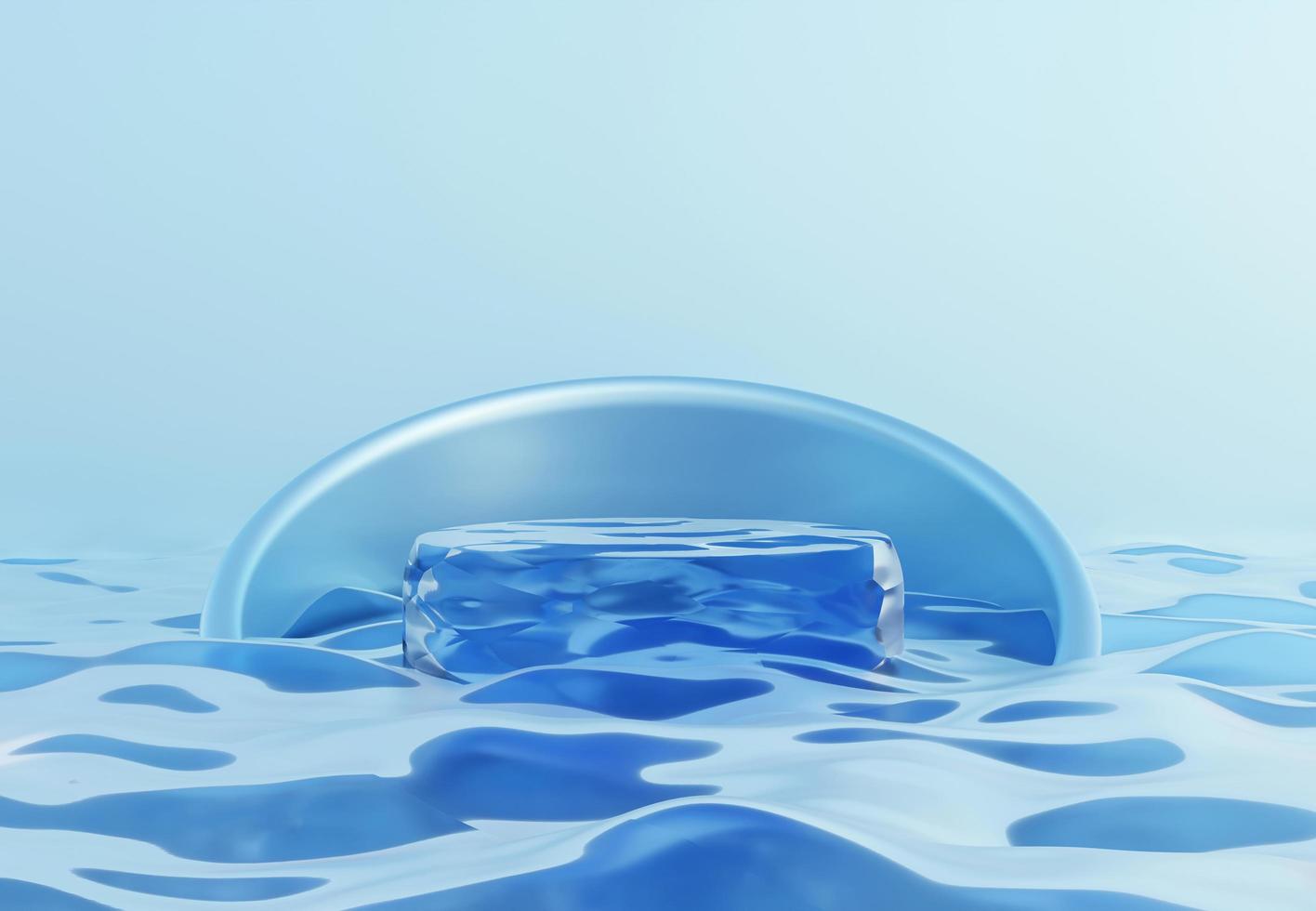 Blue cylinder podium with water texture on blue background.  Stand to show products. Fresh ocean water pedestal display with copy space. Banner size. Website cover template. 3D rendering. photo