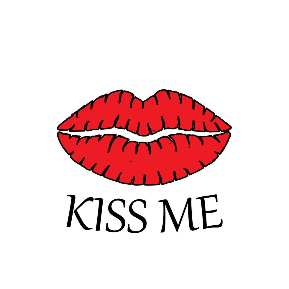 Lips Kiss and text Kiss Me. Romantic background with red lip shape. Print, Greeting card or poster design template. Vector illustration. Isolated on white