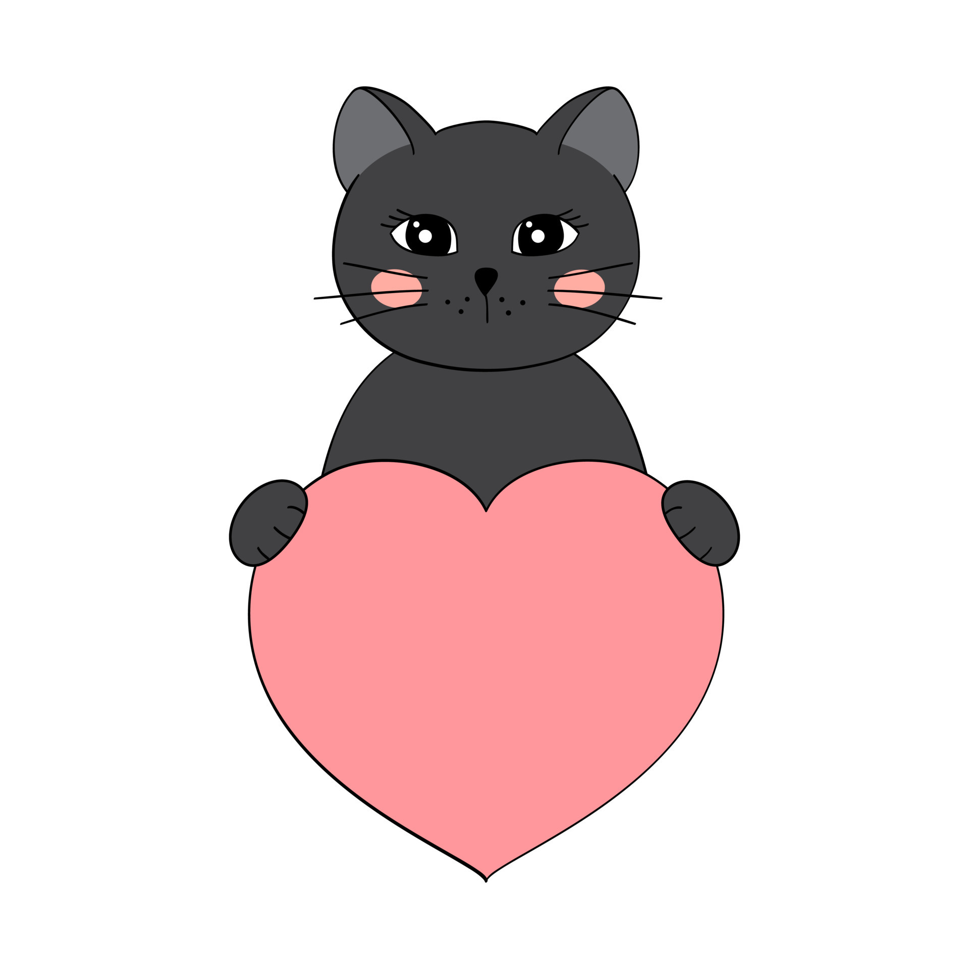 Cute cartoon cat holding a heart in his paws. Valentine's Day greeting card with space for text. Design for invitation, card, flyer, brochure, banner. Little pets in love. A declaration of love Cute cartoon cat holding a heart in his paws. Valentine's Day greeting card with space for text. Design for invitation, card, flyer, brochure, banner. Little pets in love. A declaration of love