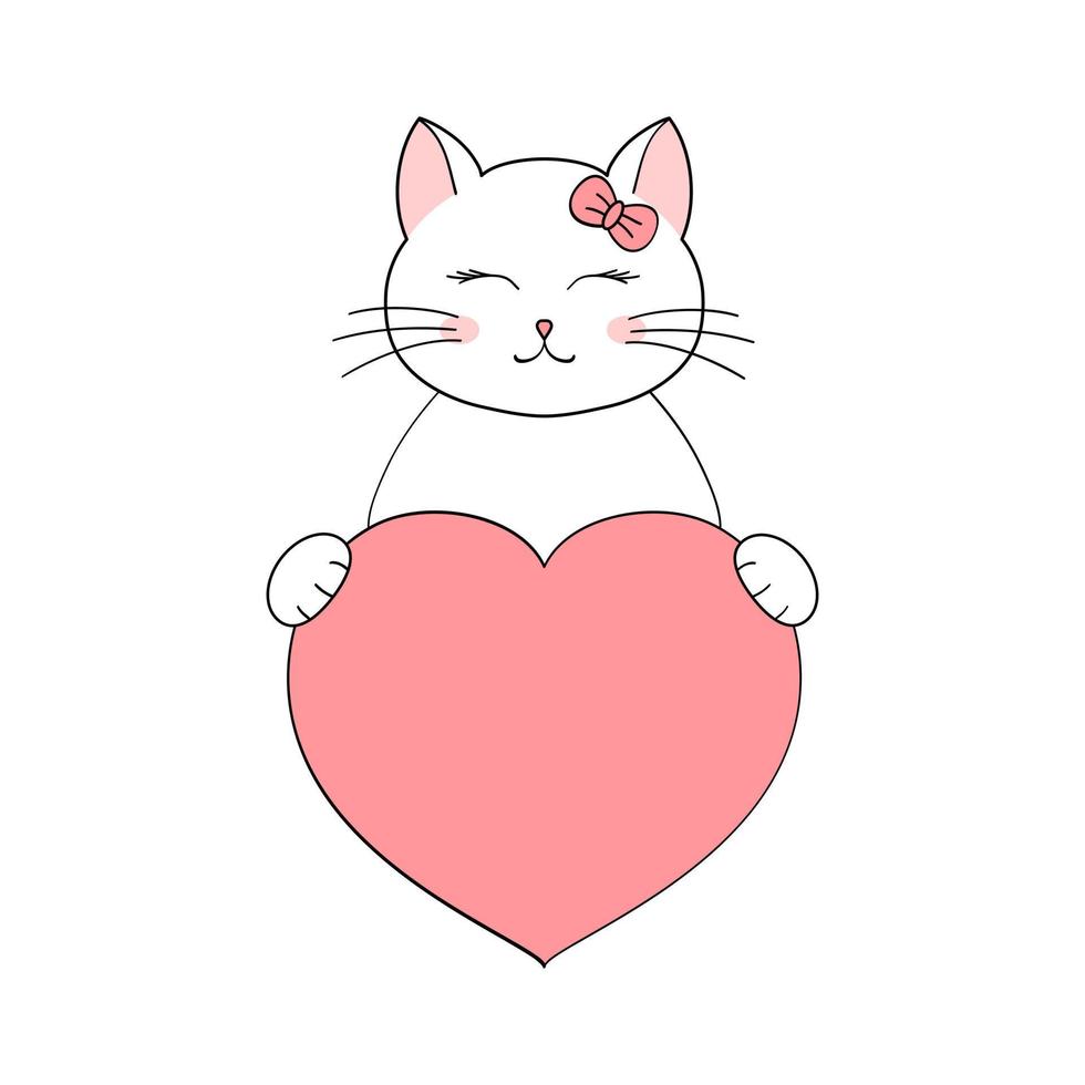 lindo gato de dibujos animados sosteniendo un corazón en sus patas. tarjeta de felicitación del día de san valentín con espacio para texto. diseño para invitación, tarjeta, volante, folleto, pancarta. pequeñas mascotas enamoradas. una declaración de amor vector