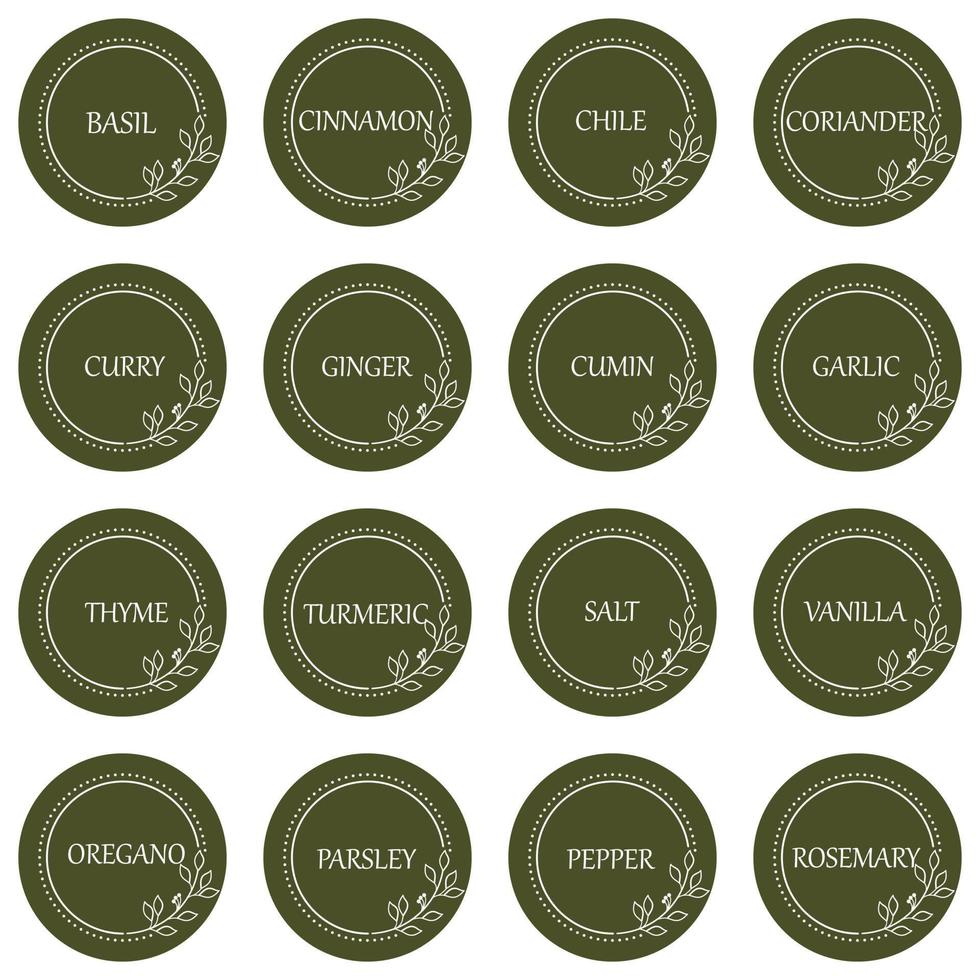 Cardboard food labels or stickers. It can be used for marking kitchen food containers with spices. Labels, stickers, craft decals, floral frame and spice name in English vector