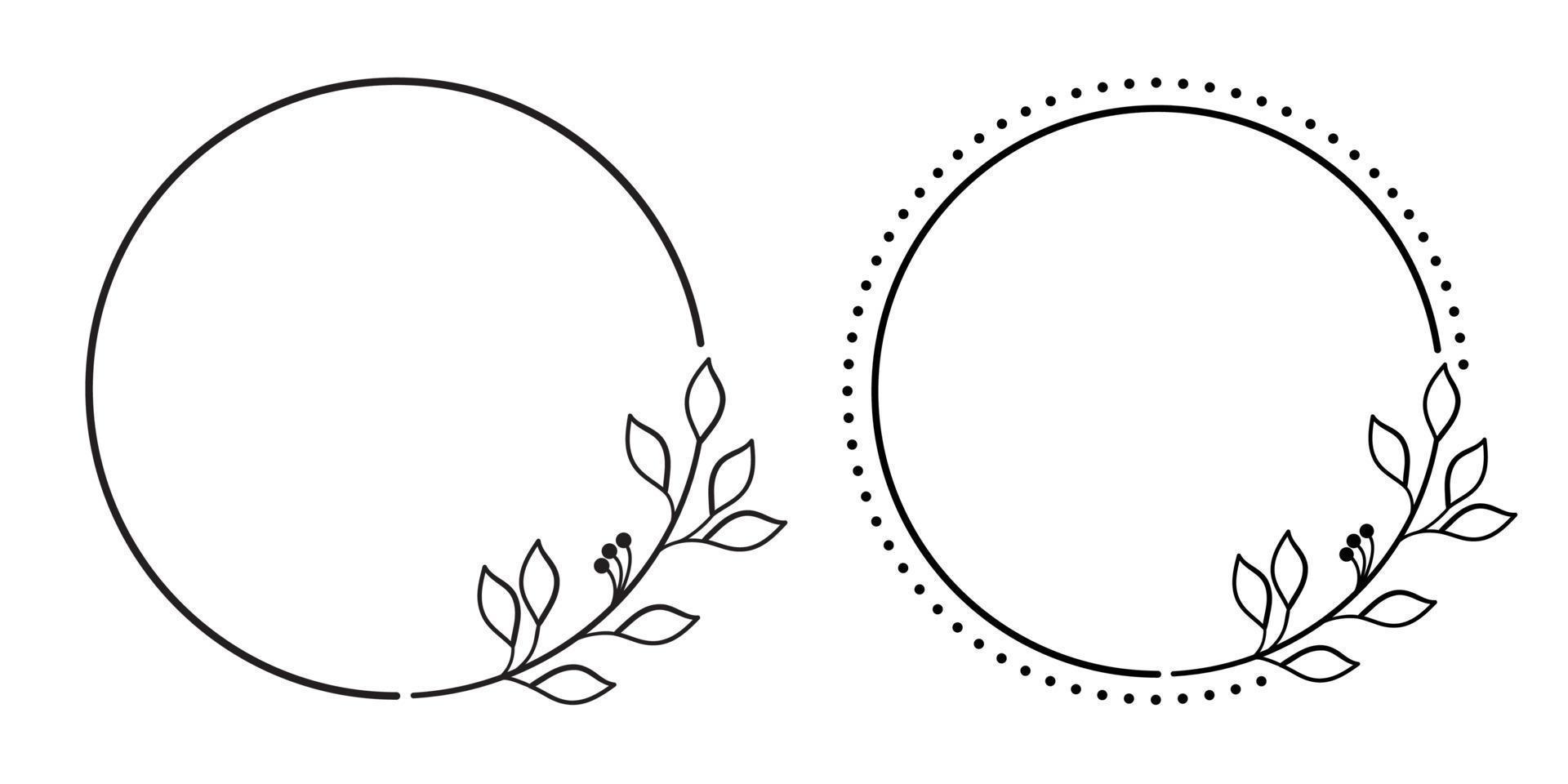 Frame from floral elements. Vector black and white round frame, border, divider, circle shape, branches and leaves. Drawn line art elements, naturalness and minimalism. Trending style for wedding