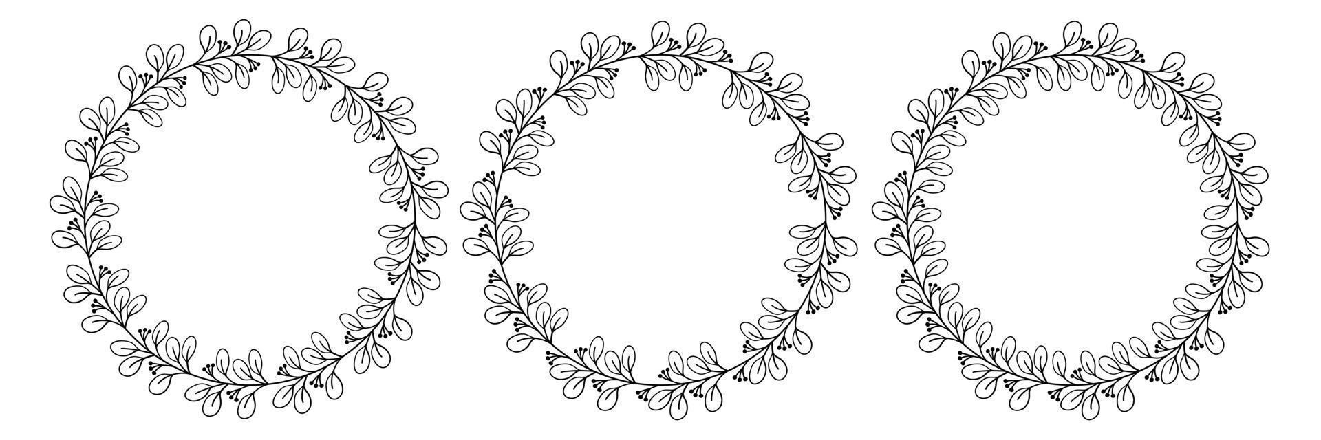 Frame from floral elements. Vector black and white round frame, border, divider, circle shape, branches and leaves. Drawn line art elements, naturalness and minimalism. Trending style for wedding