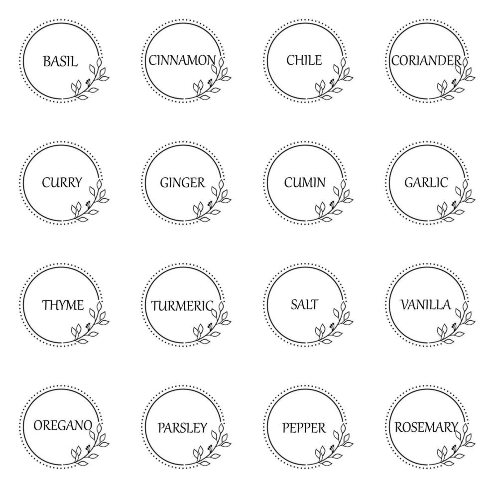 etiquetas o pegatinas de alimentos vectoriales en blanco y negro. se puede utilizar para etiquetar tarros de comida, recipientes de especias. marco botánico redondo para cada pegatina vector