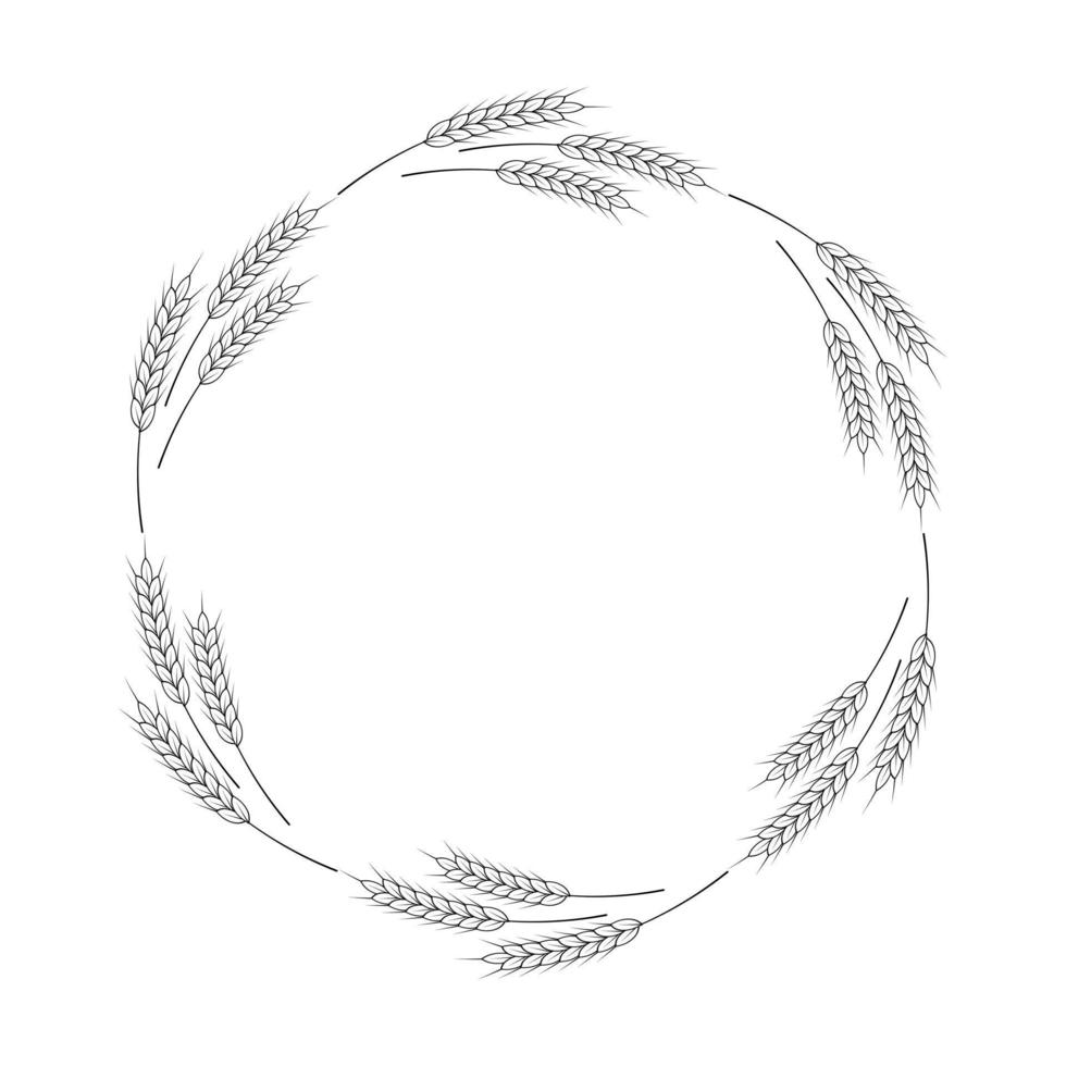 A round frame of spikelets of wheat, oats, rye, or barley. Grain plant border, agricultural frame with black and white spikelets. Banner for beer, bread, flour packaging design vector