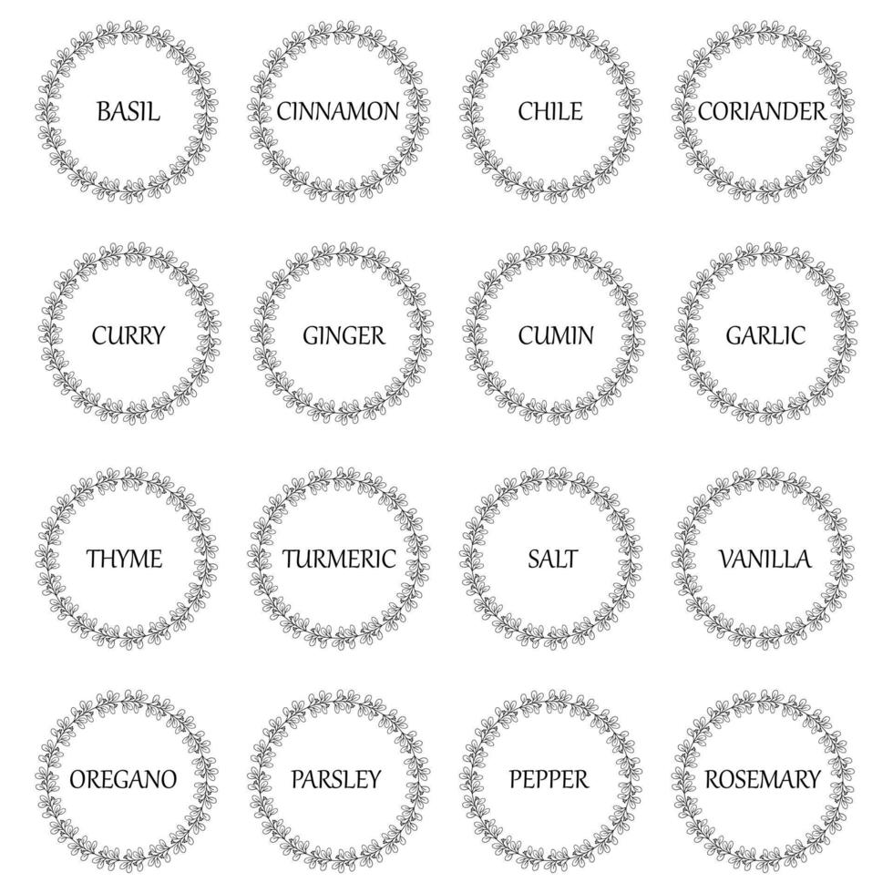 Black and white vector food labels or stickers. Can be used to label food jars, spice containers. Round botanical frame for each sticker