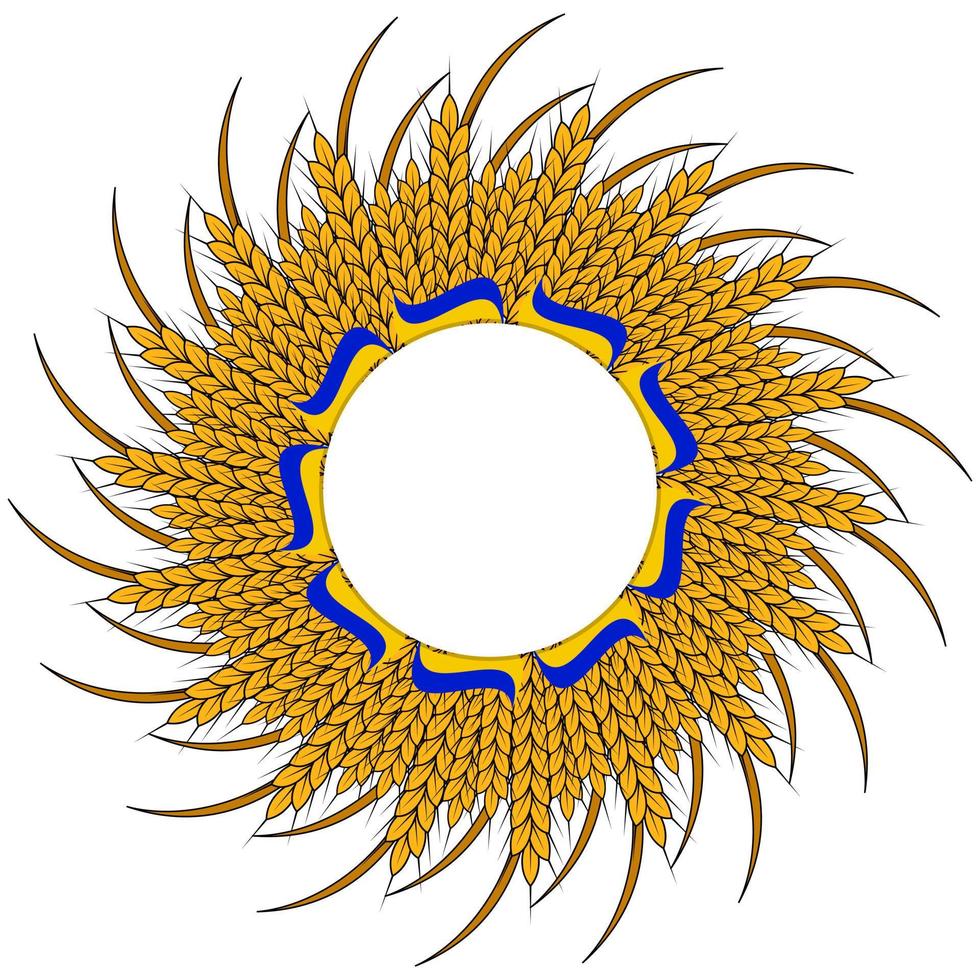 Vector illustration of a wreath of spikelets of wheat with the Ukrainian flag isolated on a white background with space for your text. Illustration round frame made of cereals